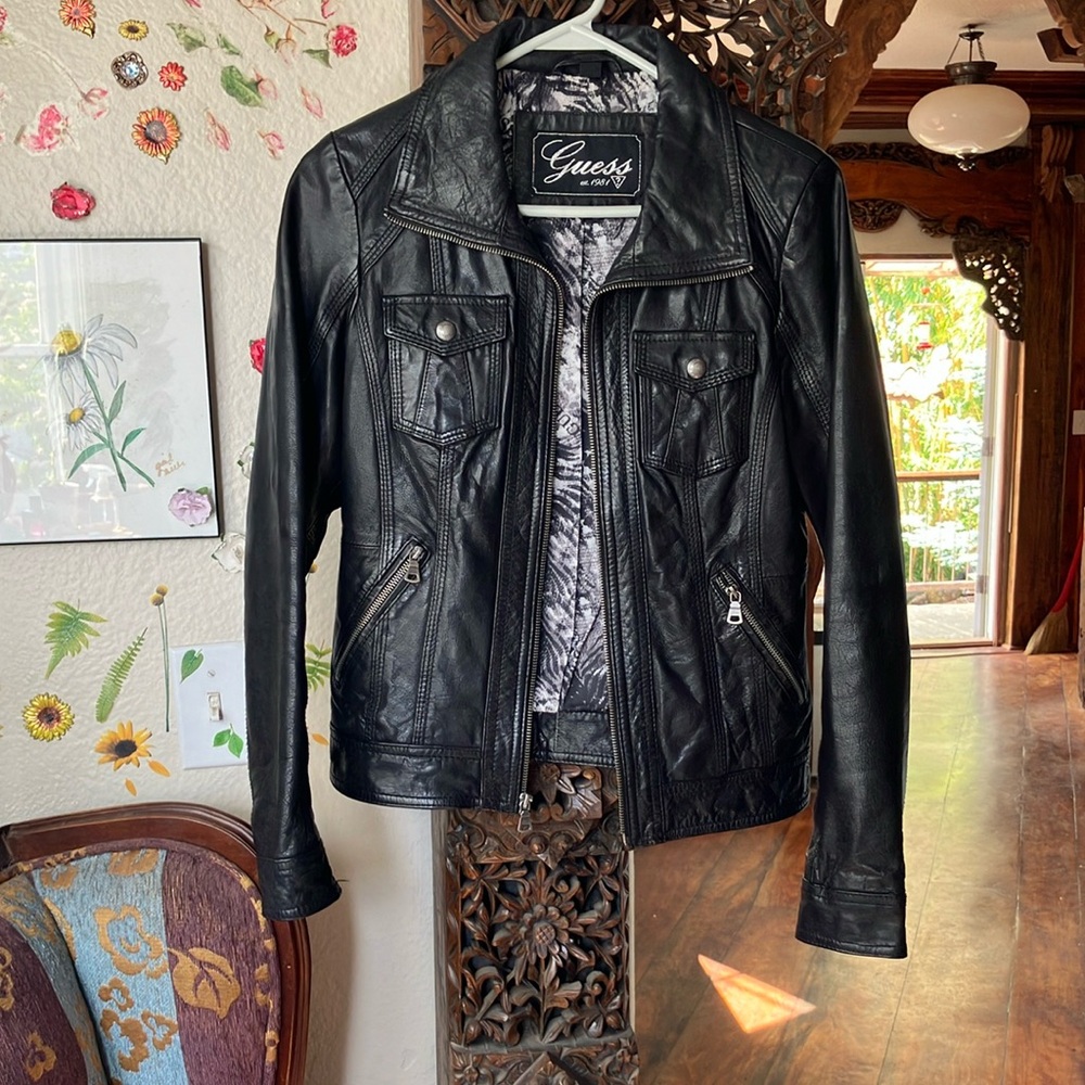 Guess Black Leather Motorcycle Jacket